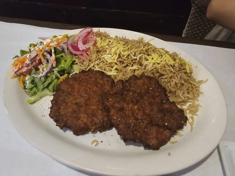 Kabuli Pulao Rice with Chicken Chapli Kabab